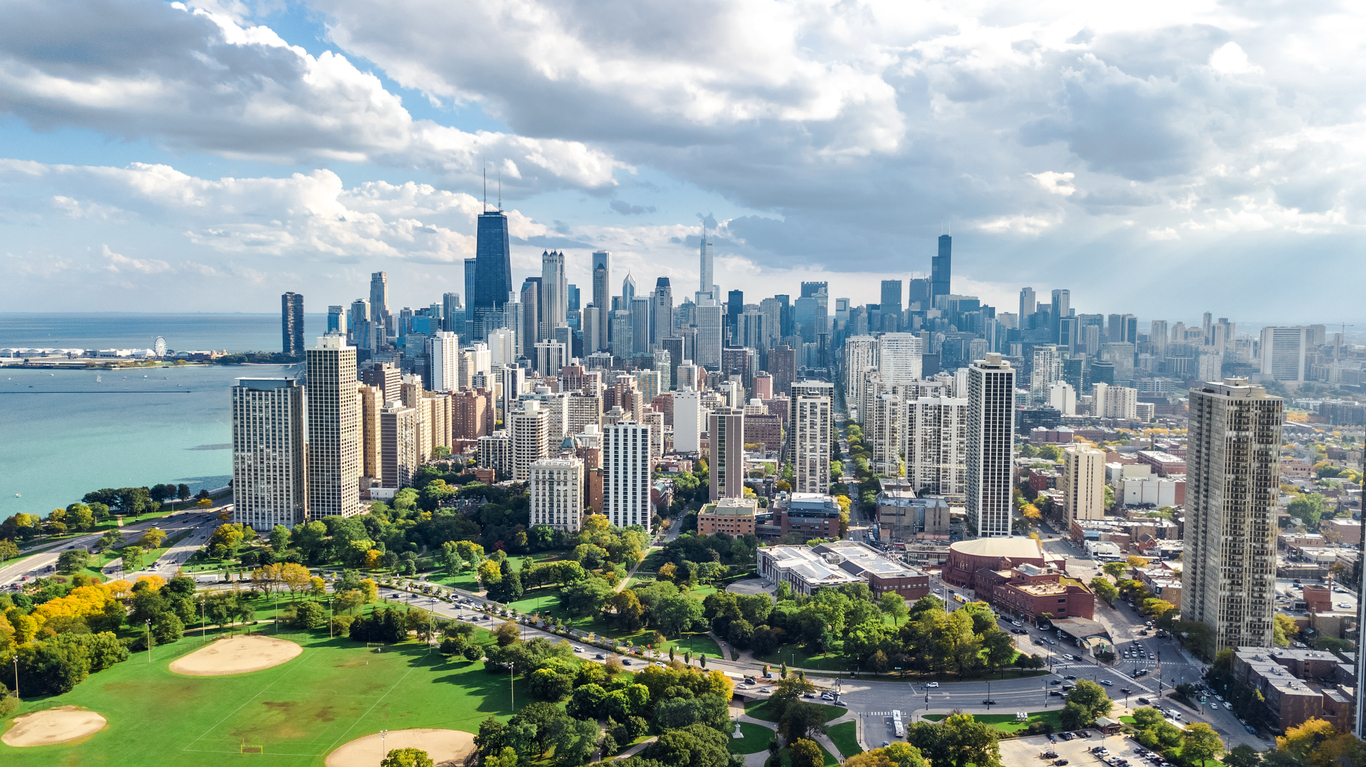 Chicago skyline aerial drone view from above, city of Chicago downtown skyscrapers cityscape bird's view from park, Illinois, USA